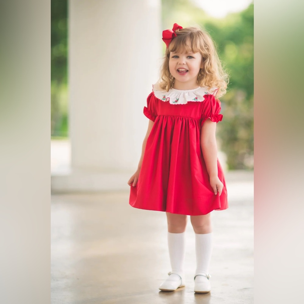 Charming Red Kids Dress with White Collar
